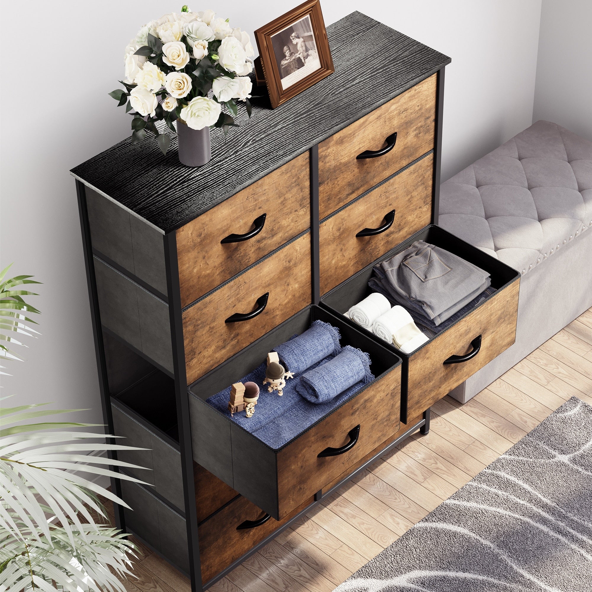 Commode moderne en tissu à 4/8/10 tiroirs avec plateau en bois