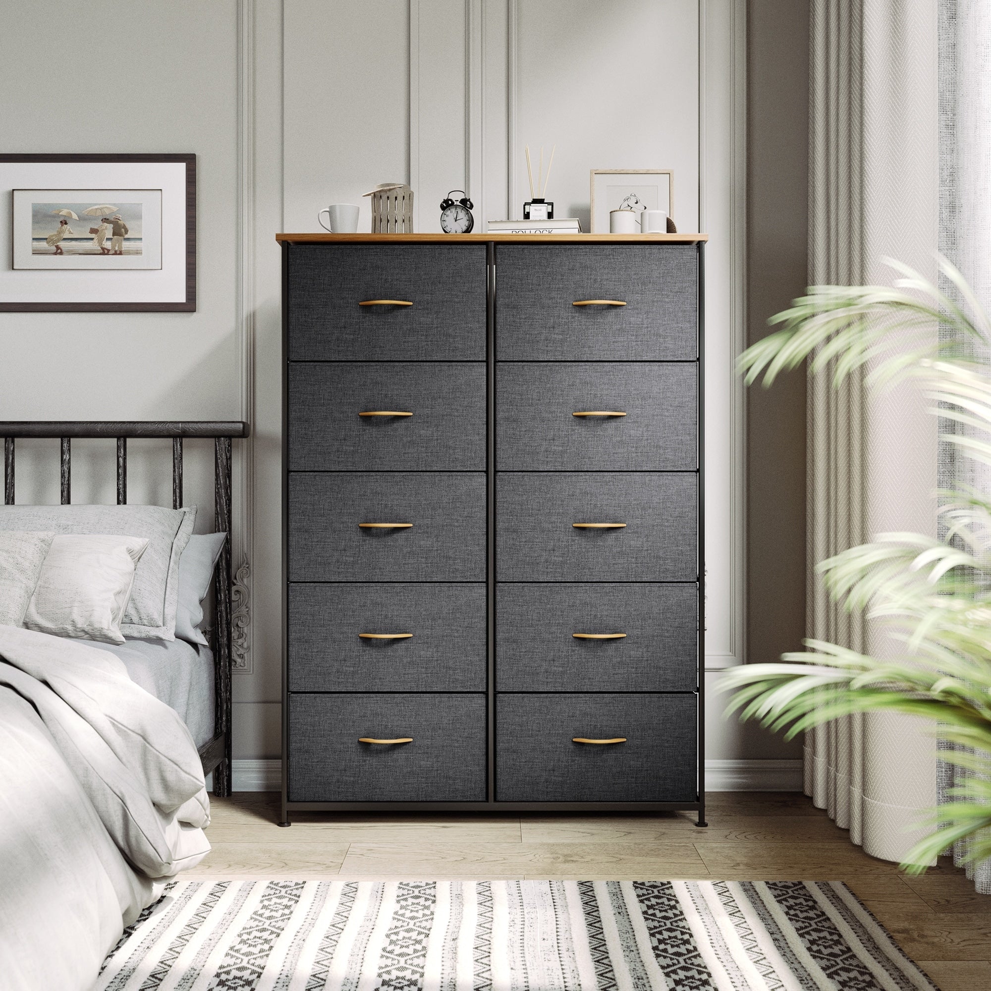 Commode moderne en tissu à 4/8/10 tiroirs avec plateau en bois