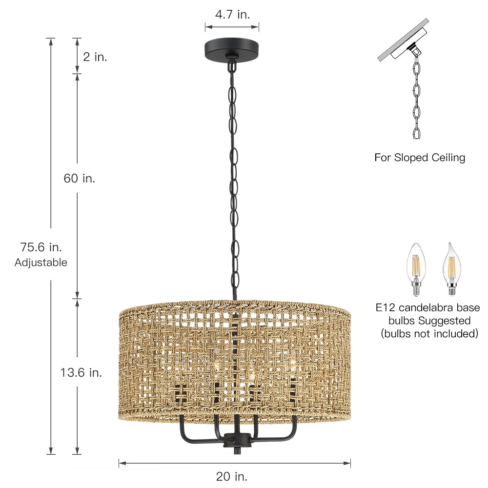 Lustre tambour bohème tissé à la main à 4 lumières - Paille - 50,8 cm de largeur