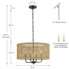 Lustre tambour bohème tissé à la main à 4 lumières - Paille - 50,8 cm de largeur