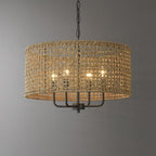 Lustre tambour bohème tissé à la main à 4 lumières - Paille - 50,8 cm de largeur