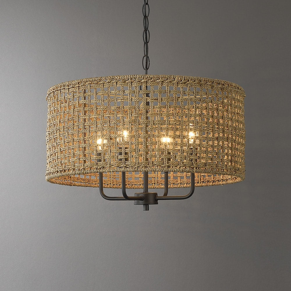 Lustre tambour bohème tissé à la main à 4 lumières - Paille - 50,8 cm de largeur