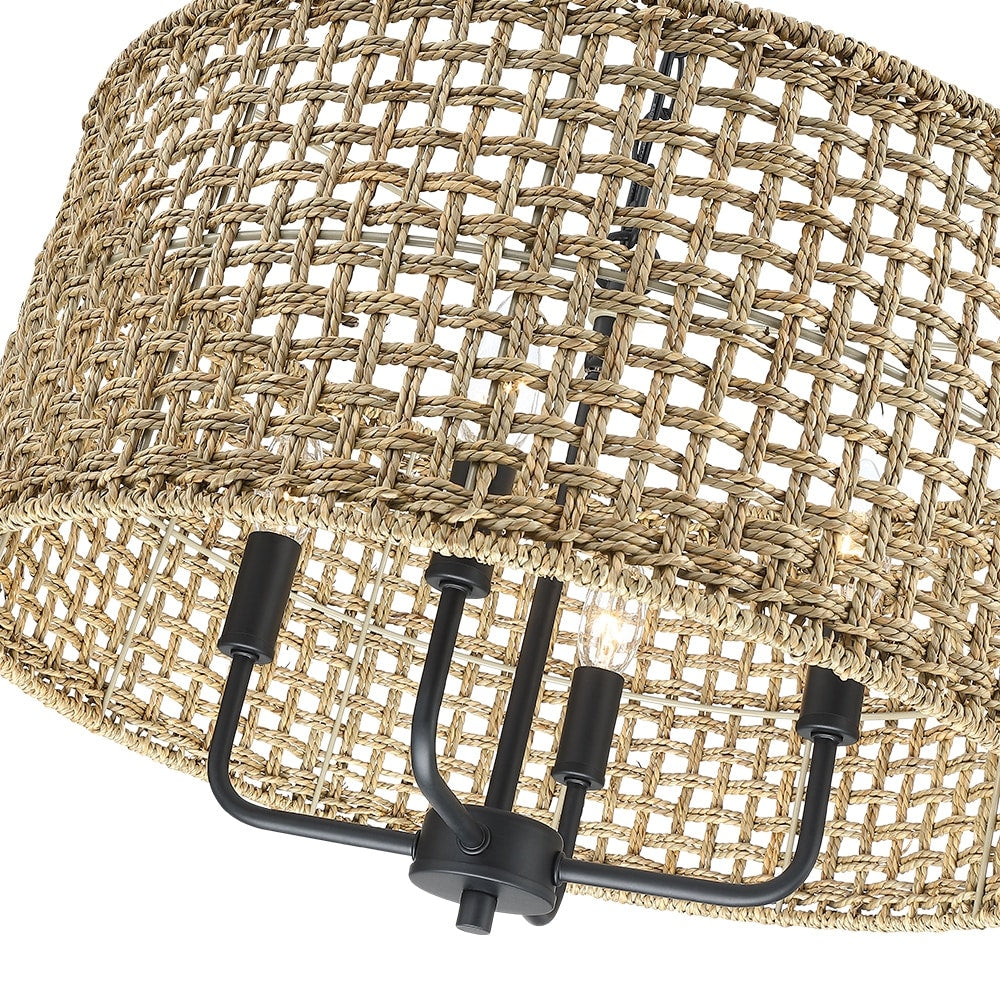 Lustre tambour bohème tissé à la main à 4 lumières - Paille - 50,8 cm de largeur