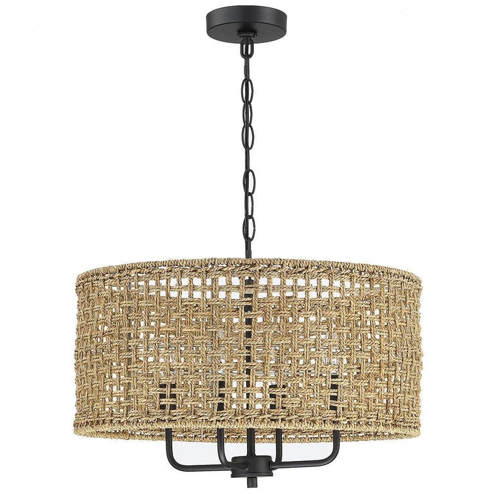 Lustre tambour bohème tissé à la main à 4 lumières - Paille - 50,8 cm de largeur