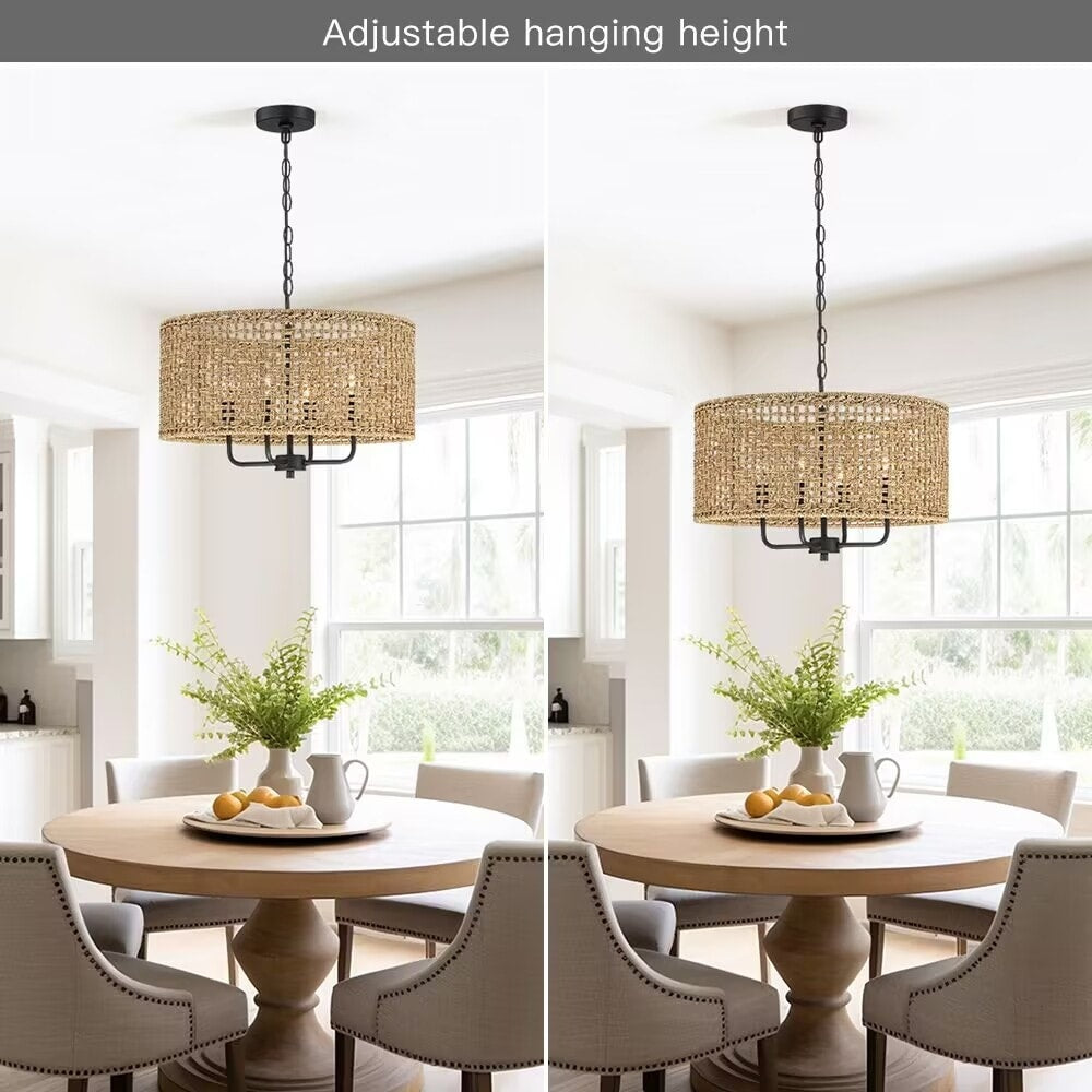 Lustre tambour bohème tissé à la main à 4 lumières - Paille - 50,8 cm de largeur