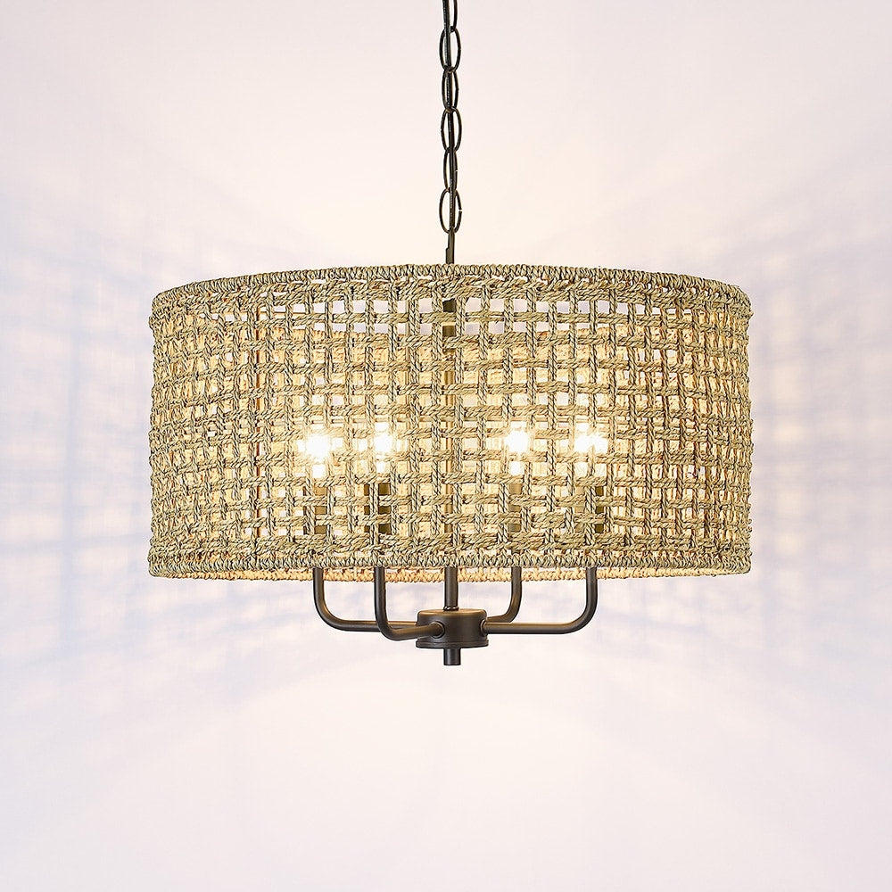 Lustre tambour bohème tissé à la main à 4 lumières - Paille - 50,8 cm de largeur