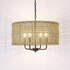 Lustre tambour bohème tissé à la main à 4 lumières - Paille - 50,8 cm de largeur