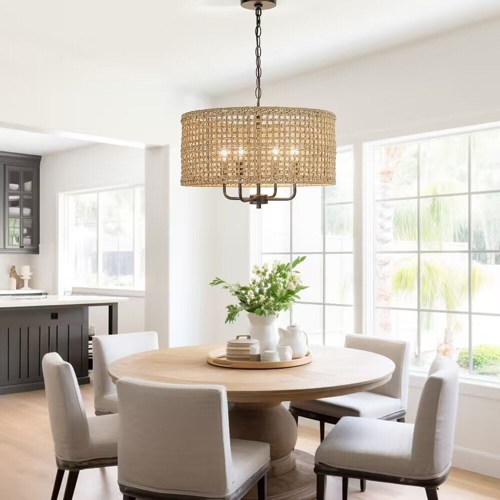 Lustre tambour bohème tissé à la main à 4 lumières - Paille - 50,8 cm de largeur