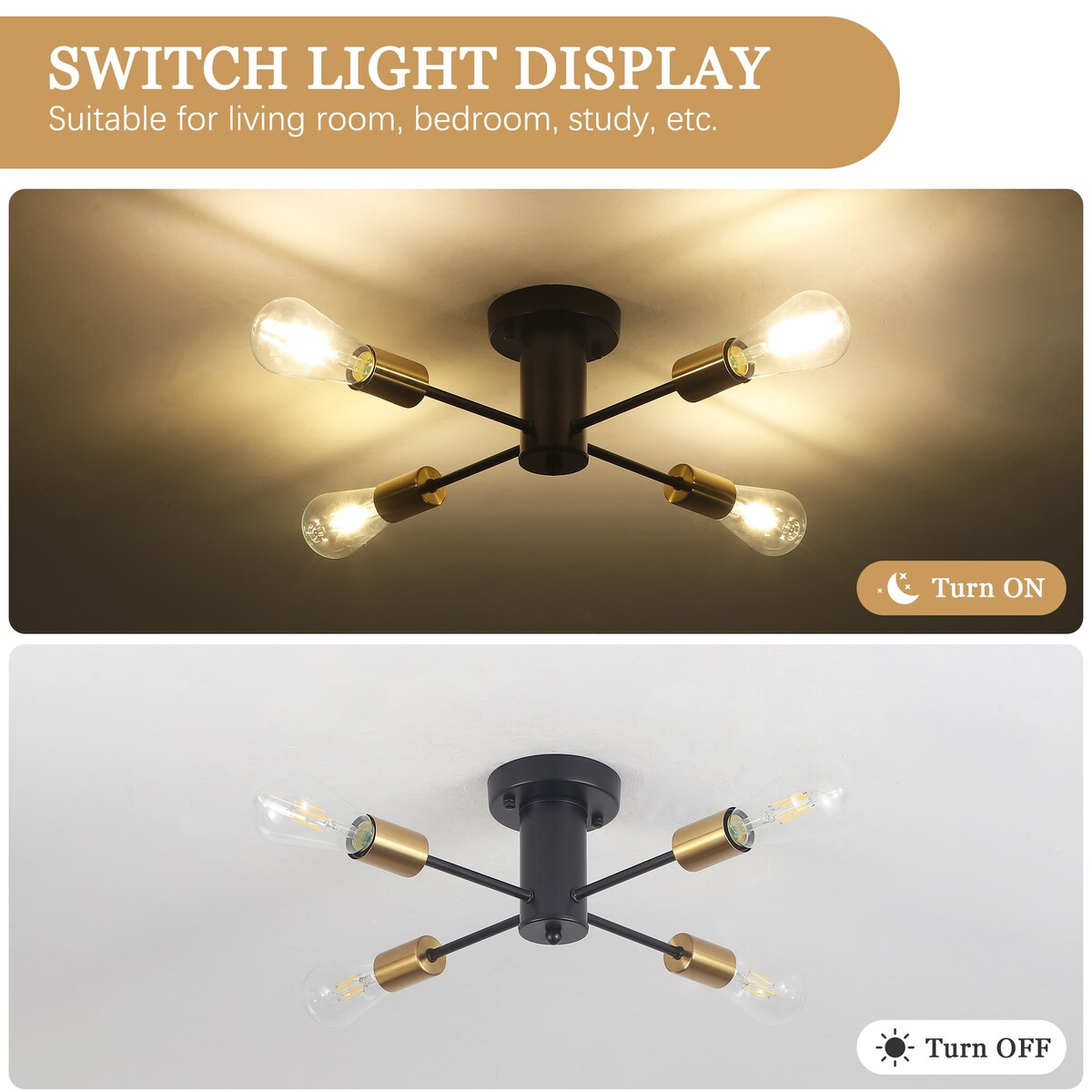 Plafonnier semi-encastré industriel à 4 lampes pour cuisine, salle à manger, chambre à coucher, bureau, salon - N/A