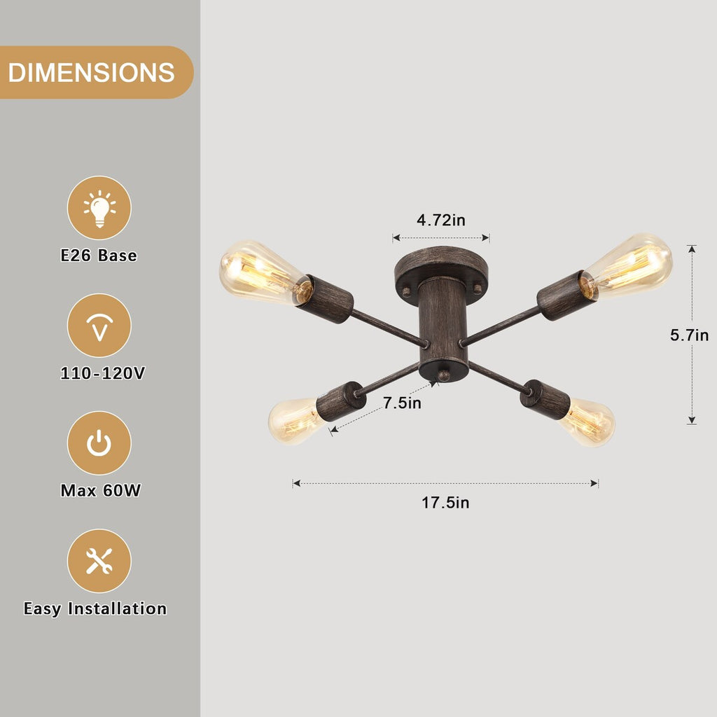 Plafonnier semi-encastré industriel à 4 lampes pour cuisine, salle à manger, chambre à coucher, bureau, salon - N/A