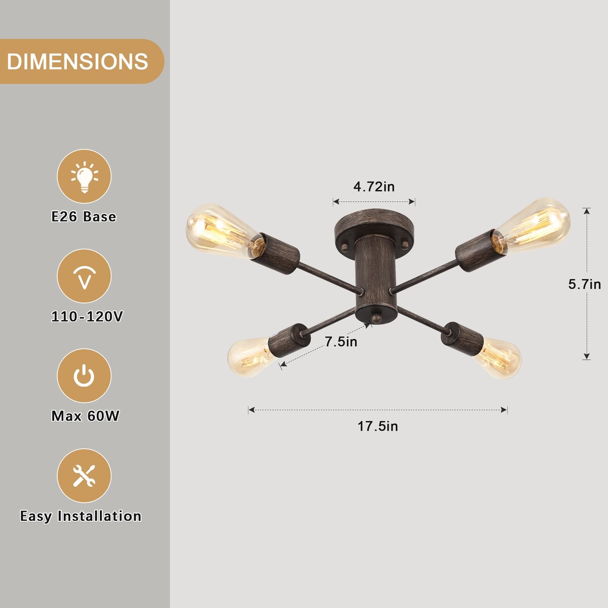 Plafonnier semi-encastré industriel à 4 lampes pour cuisine, salle à manger, chambre à coucher, bureau, salon - N/A
