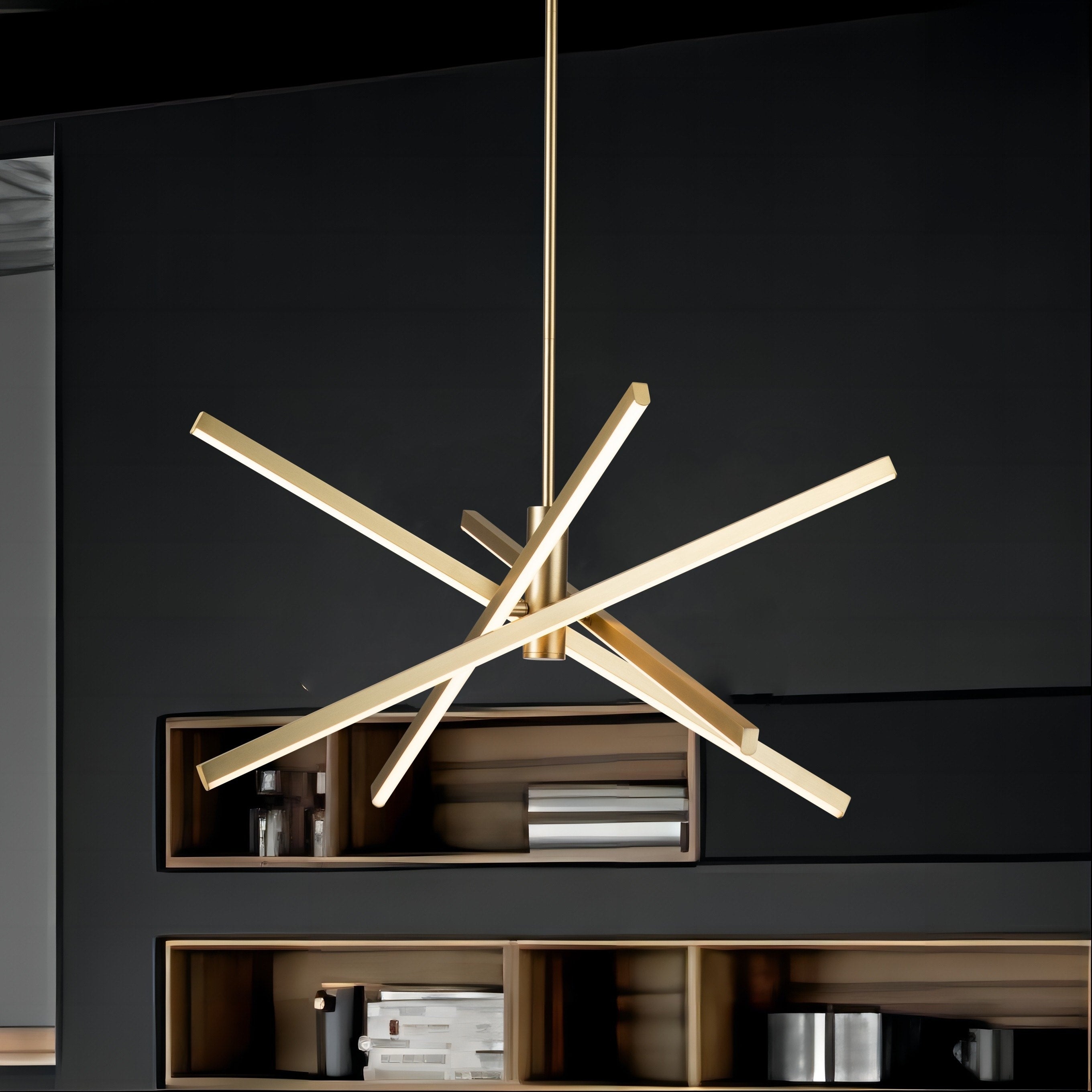 Lustre LED moderne en aluminium noir/doré, plafonnier linéaire Spoutnik pour salon/salle à manger/cuisine