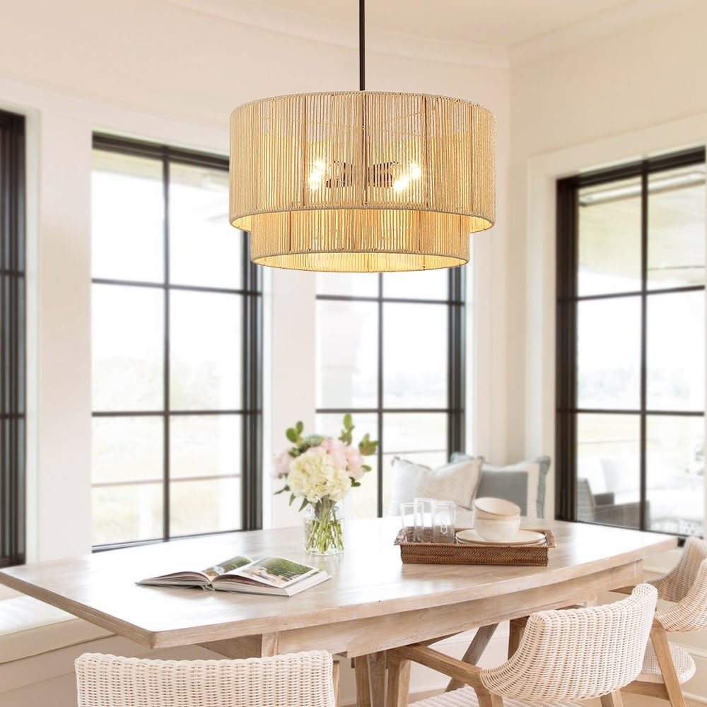 Lustre tambour à 4 lumières en rotin avec auvent noir - 22 po de largeur