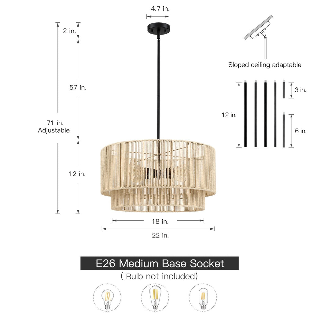 Lustre tambour à 4 lumières en rotin avec auvent noir - 22 po de largeur