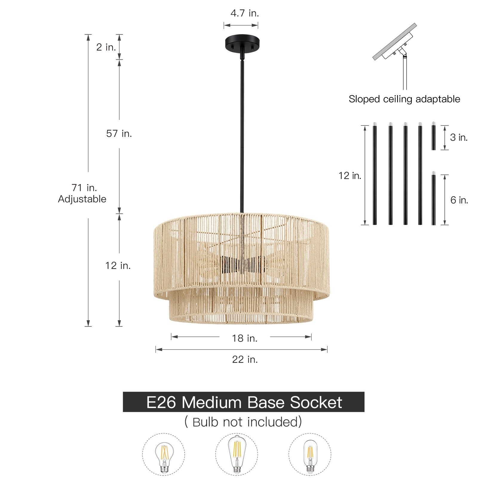 Lustre tambour à 4 lumières en rotin avec auvent noir - 22 po de largeur