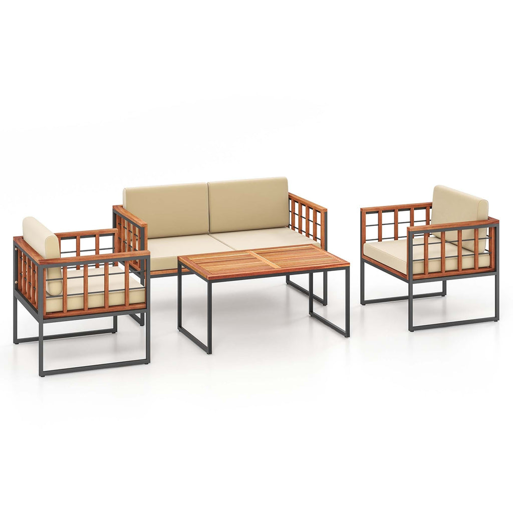 Ensemble de meubles d'extérieur 4 pièces, canapé d'extérieur en bois avec coussins moelleux