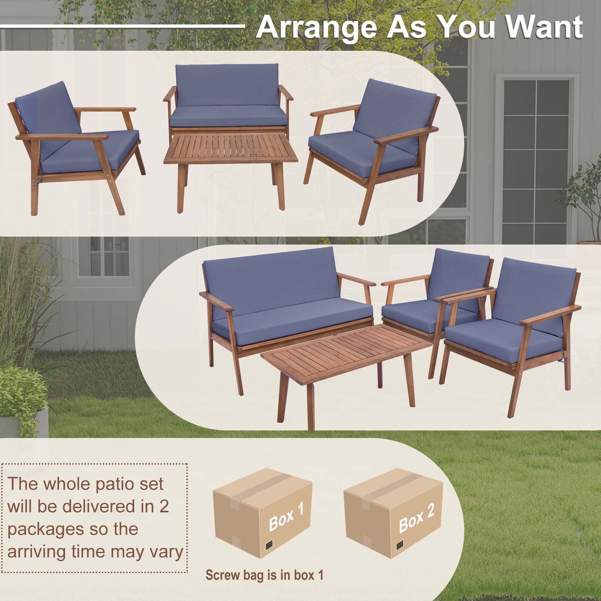 Ensemble de conversation de patio 4 pièces en bois d'acacia avec canapé, table basse et coussins