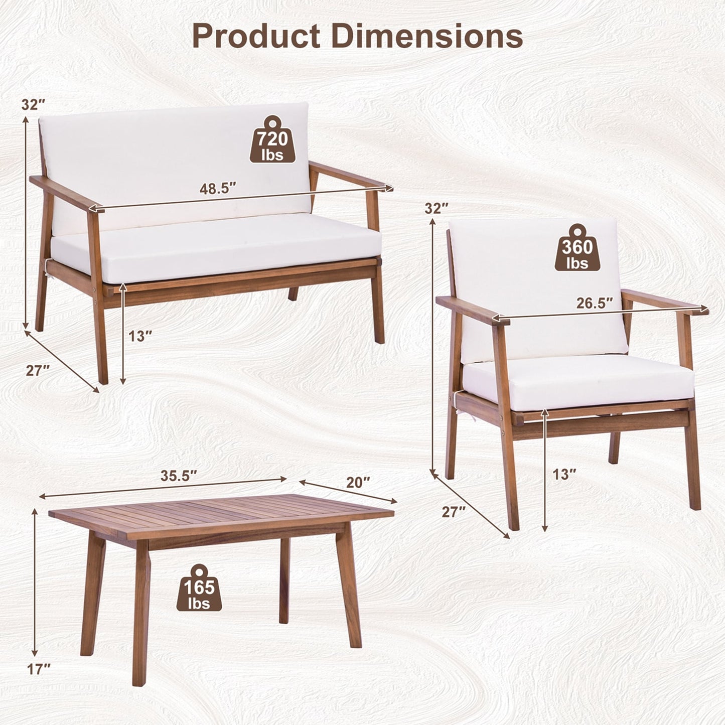 Ensemble de conversation de patio 4 pièces en bois d'acacia avec canapé, table basse et coussins