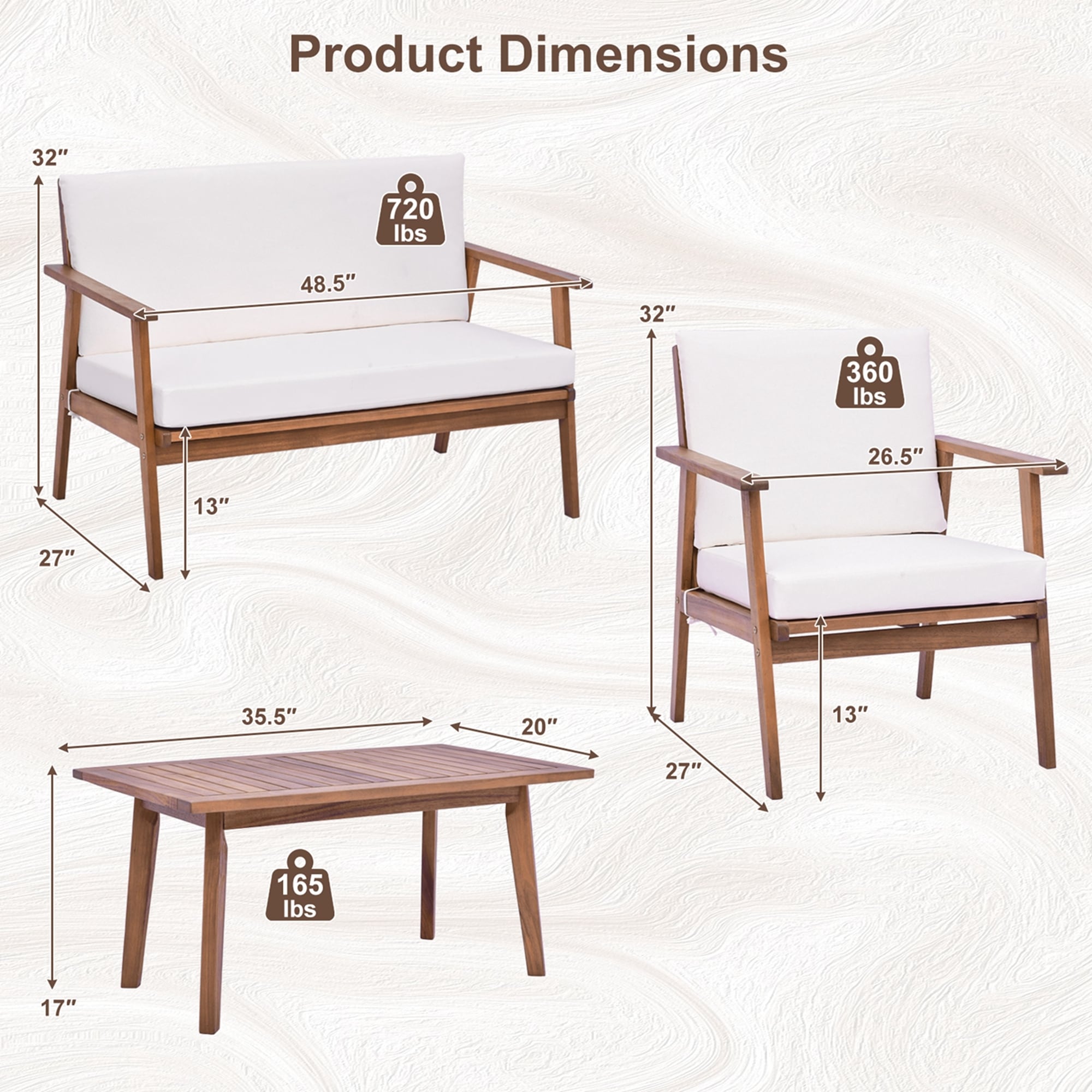 Ensemble de conversation de patio 4 pièces en bois d'acacia avec canapé, table basse et coussins