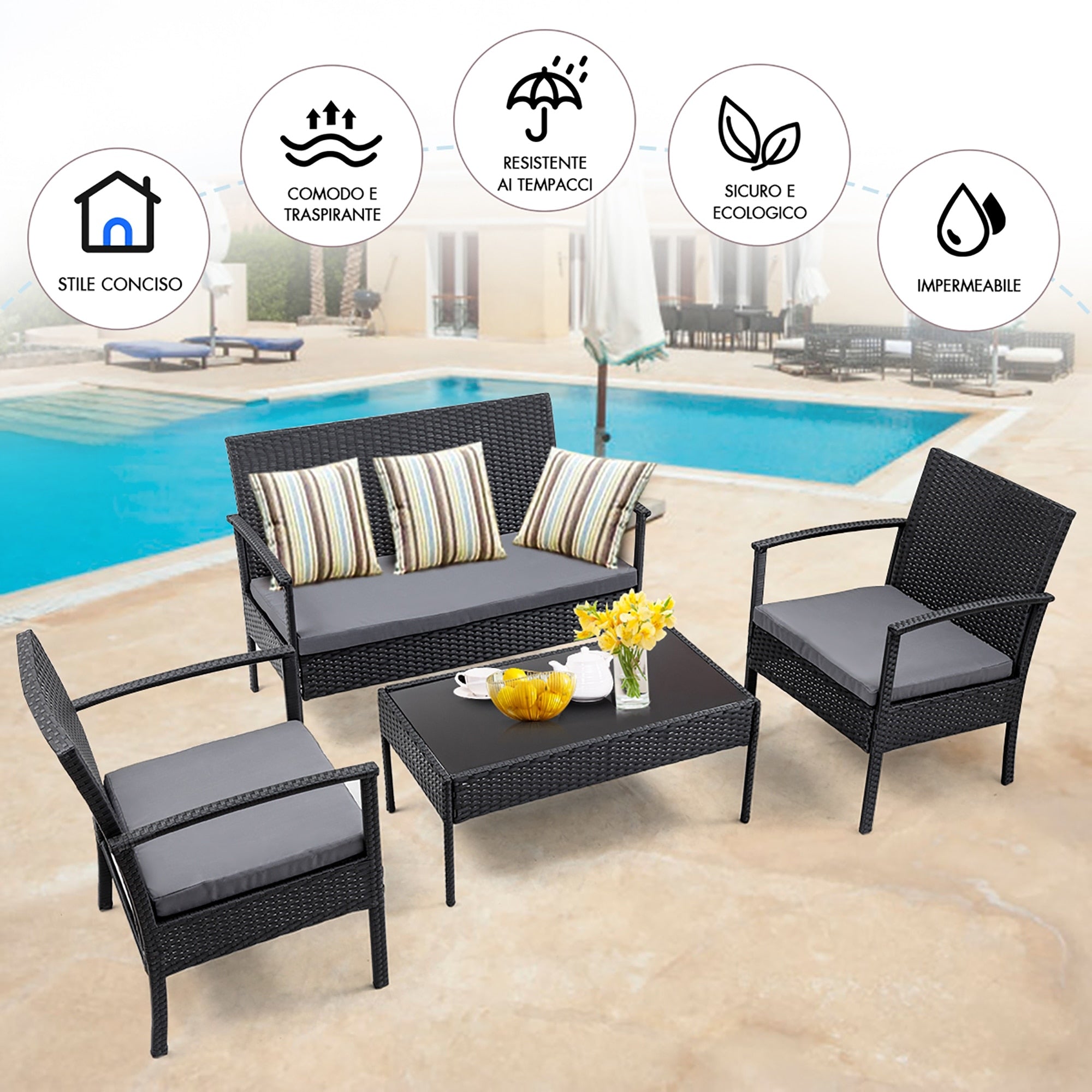 Ensemble de meubles de patio 4 pièces avec chaises en rotin et osier