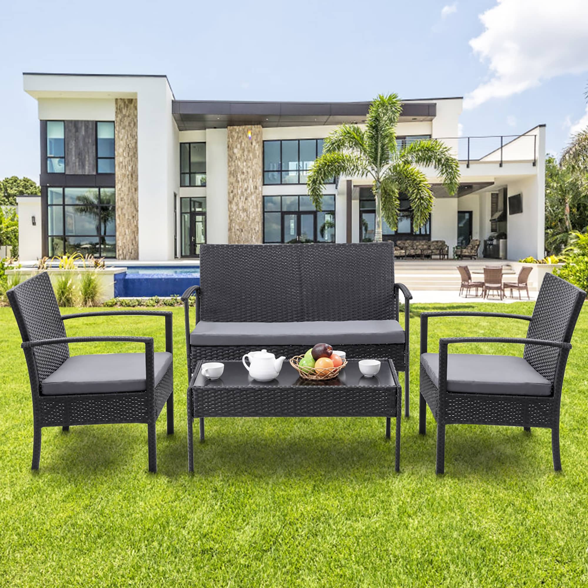 Ensemble de meubles de patio 4 pièces avec chaises en rotin et osier