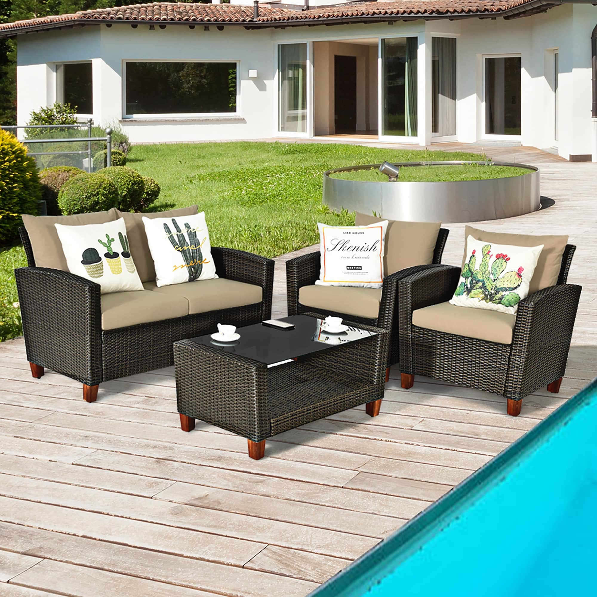 Ensemble de meubles de patio en rotin 4 pièces Ensemble de conversation extérieur en osier