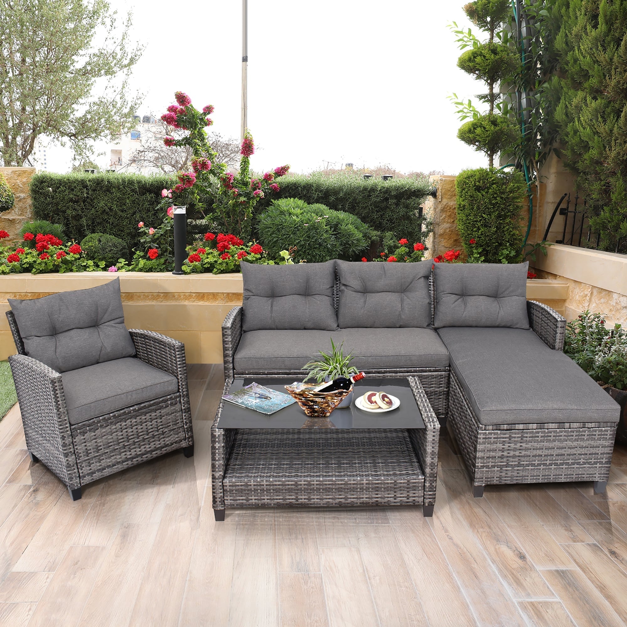 Ensemble de 4 meubles de patio en osier avec table et table de conversation