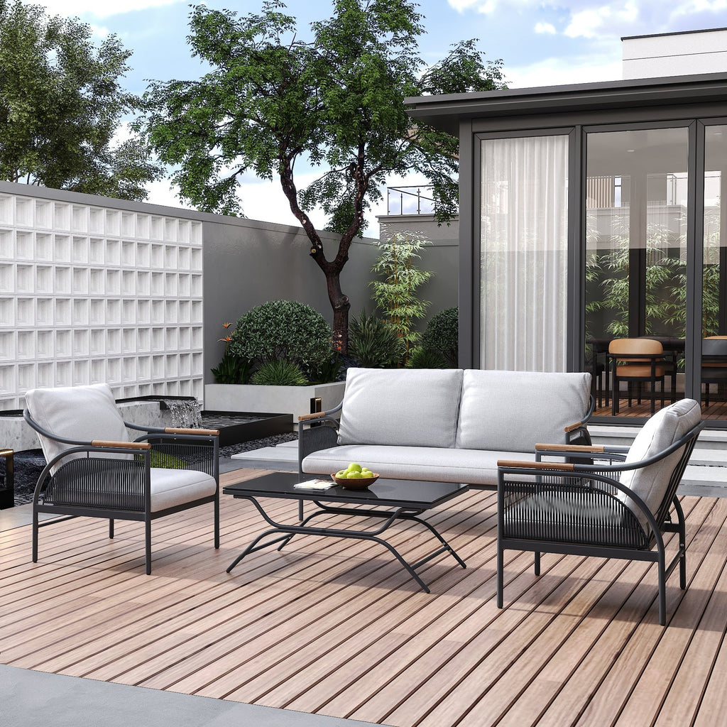 Ensemble de meubles de jardin d'extérieur 4 pièces en fer gris foncé avec coussins amovibles