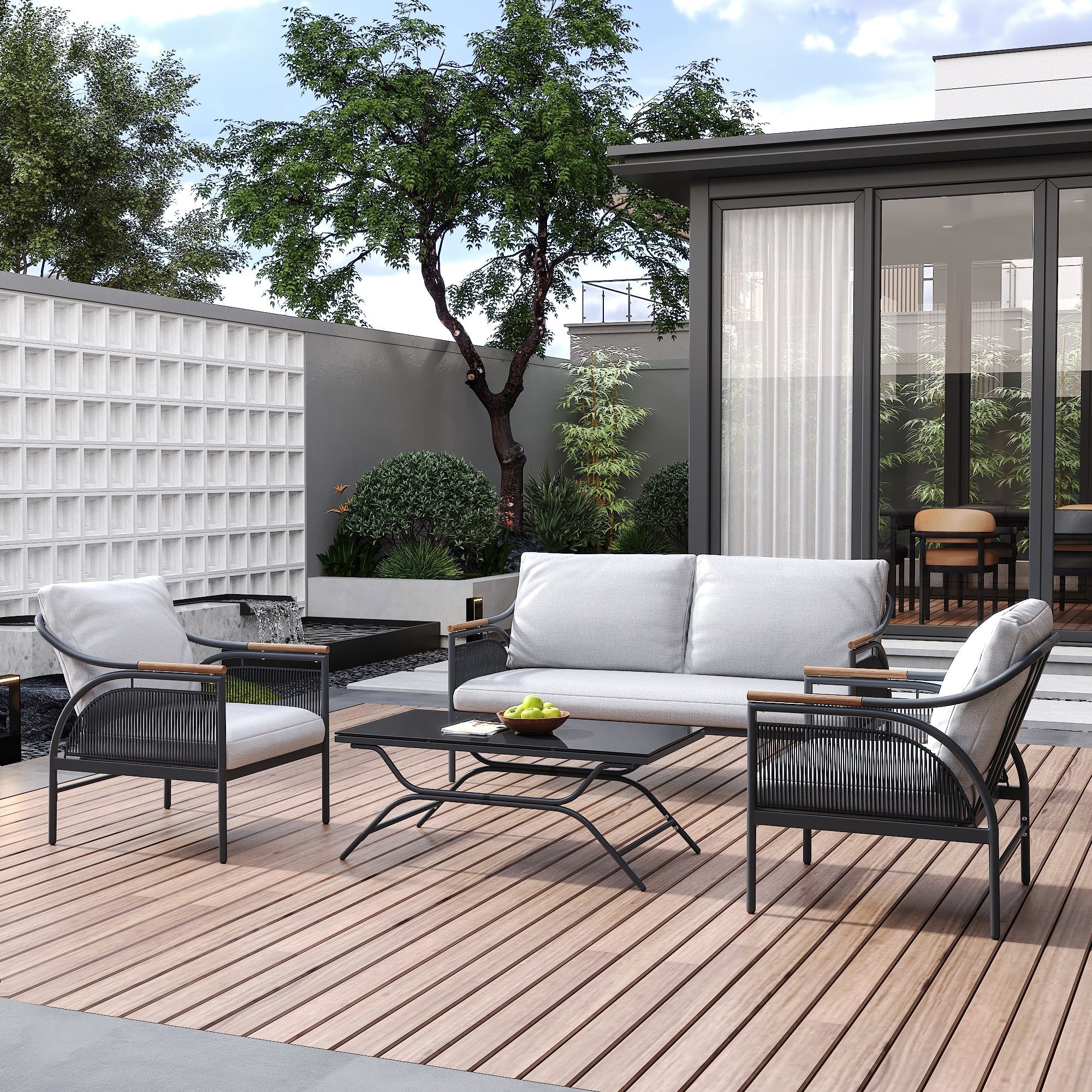Ensemble de meubles de jardin d'extérieur 4 pièces en fer gris foncé avec coussins amovibles