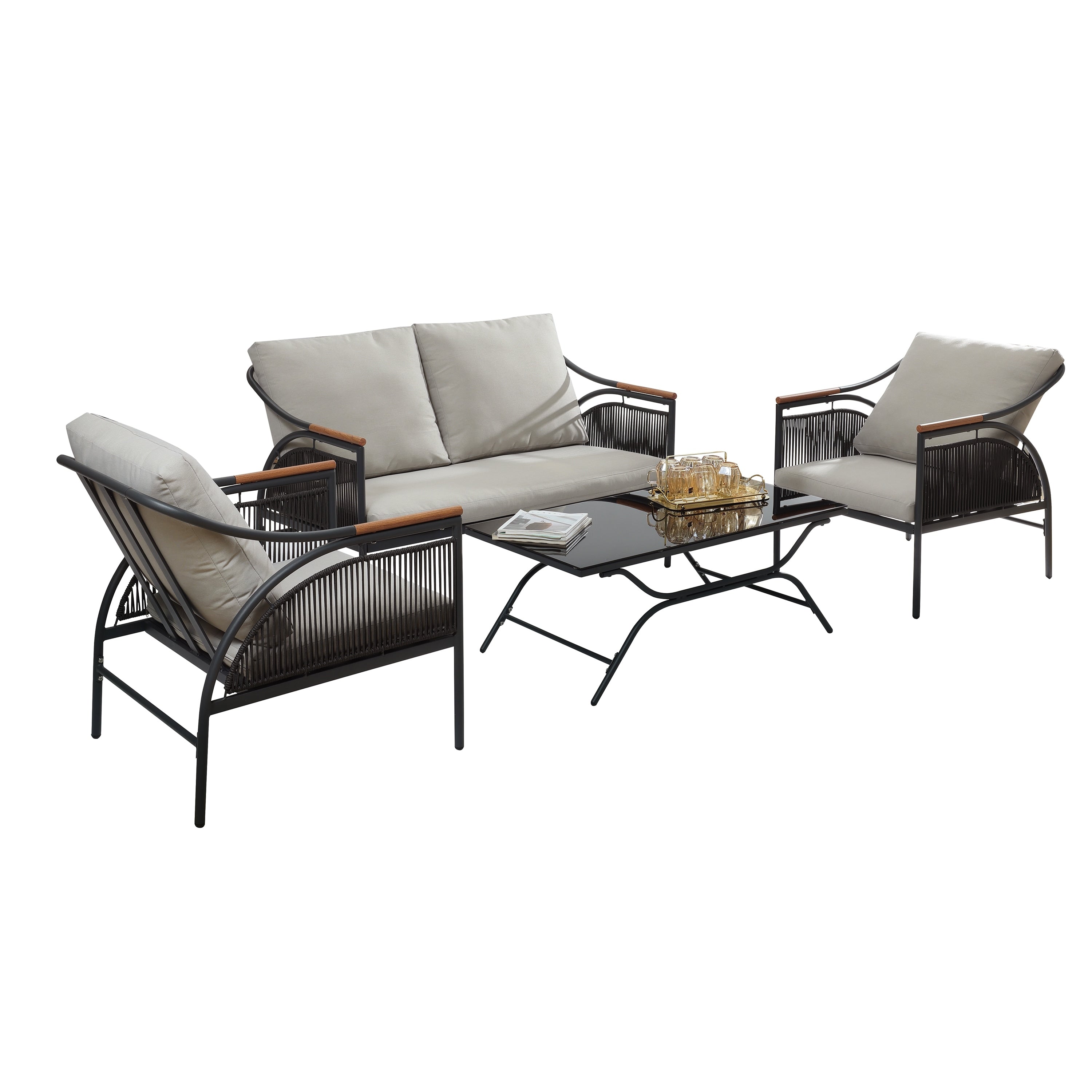 Ensemble de meubles de jardin d'extérieur 4 pièces en fer gris foncé avec coussins amovibles