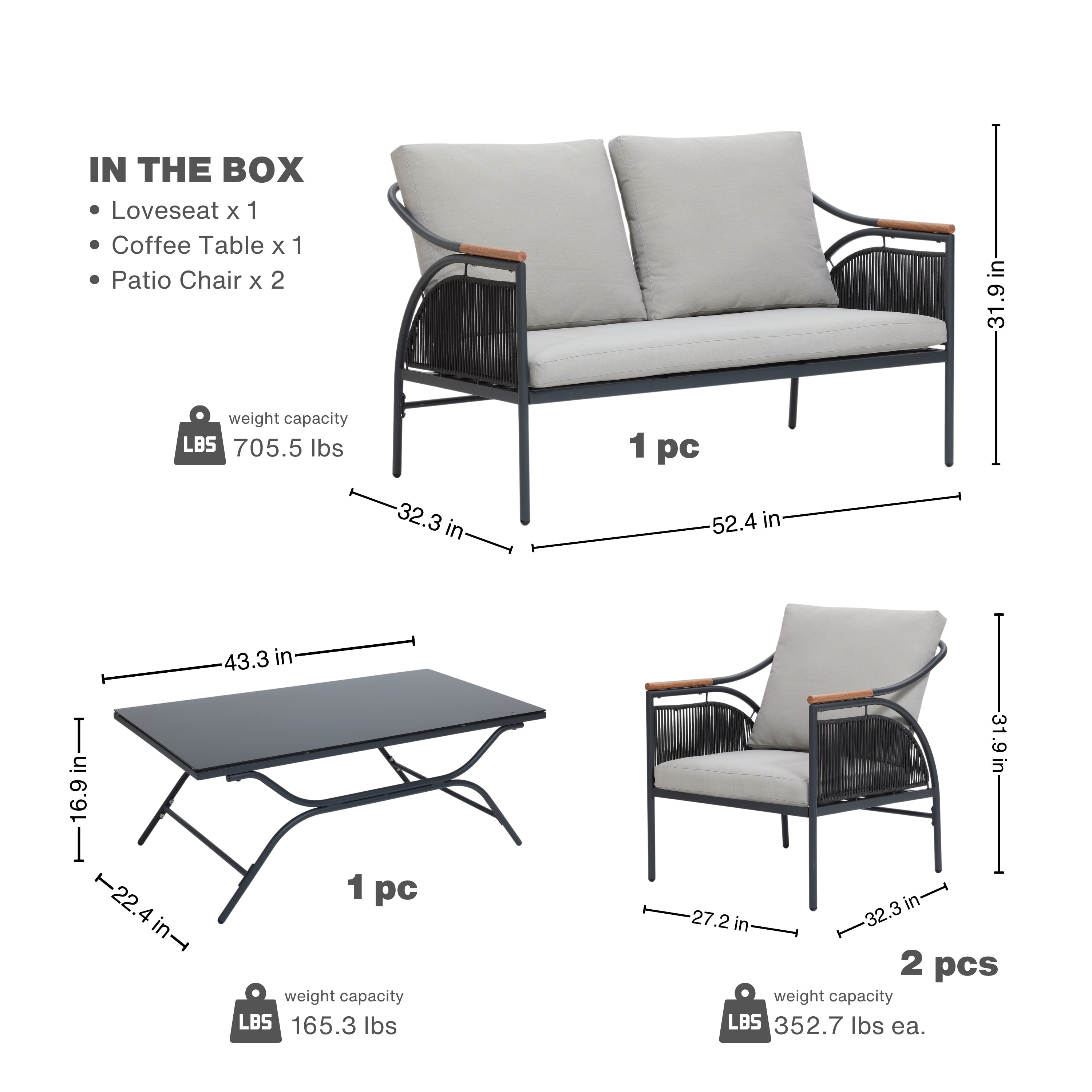 Ensemble de meubles de jardin d'extérieur 4 pièces en fer gris foncé avec coussins amovibles