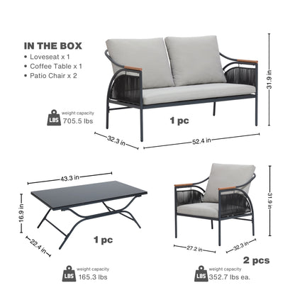 Ensemble de meubles de jardin d'extérieur 4 pièces en fer gris foncé avec coussins amovibles