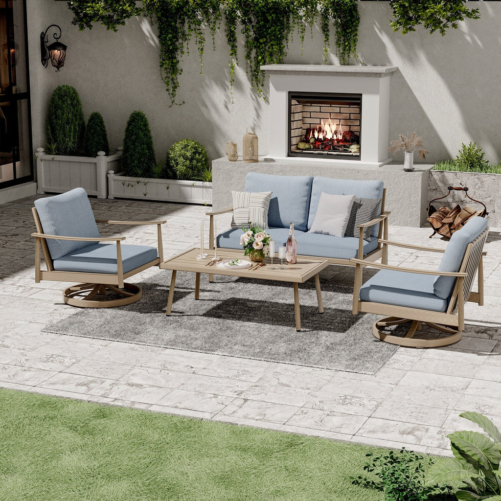 Ensemble de salon de jardin en aluminium pour 4 personnes avec 2 chaises pivotantes, une causeuse et une table basse