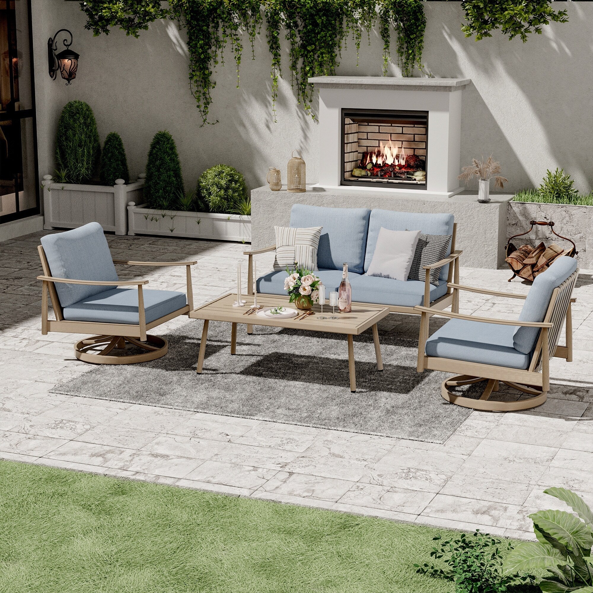 Ensemble de salon de jardin en aluminium pour 4 personnes avec 2 chaises pivotantes, une causeuse et une table basse