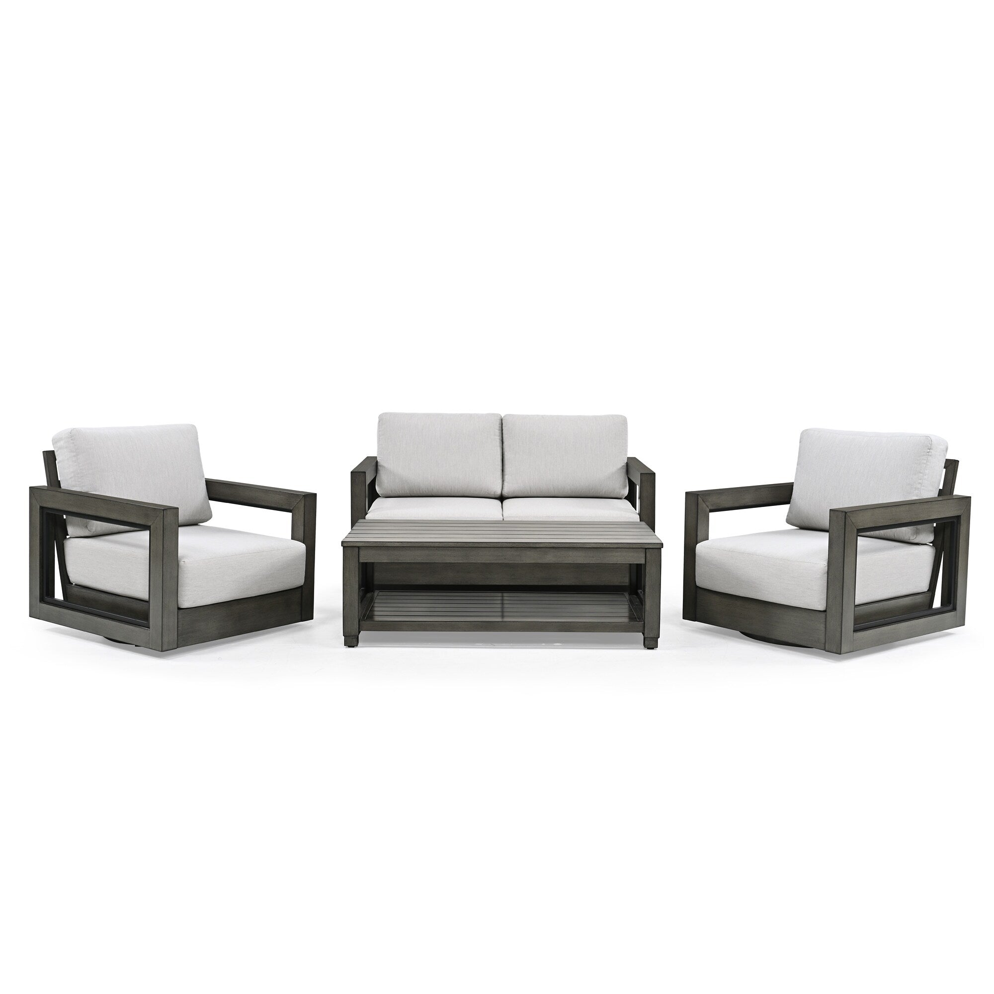 Ensemble de salon de jardin en aluminium pour 4 personnes avec chaises pivotantes, cadre et coussins peints à la main