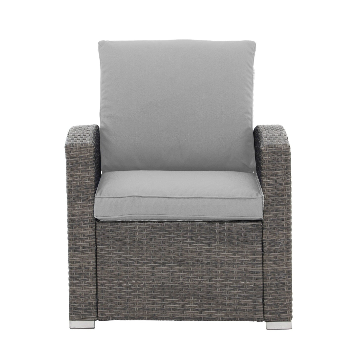 Salon de jardin en rotin pour 4 personnes avec coussins gris et table en verre trempé