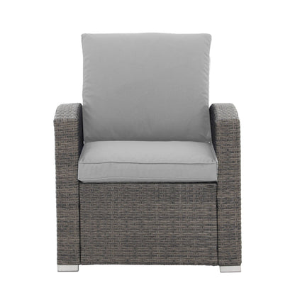 Salon de jardin en rotin pour 4 personnes avec coussins gris et table en verre trempé