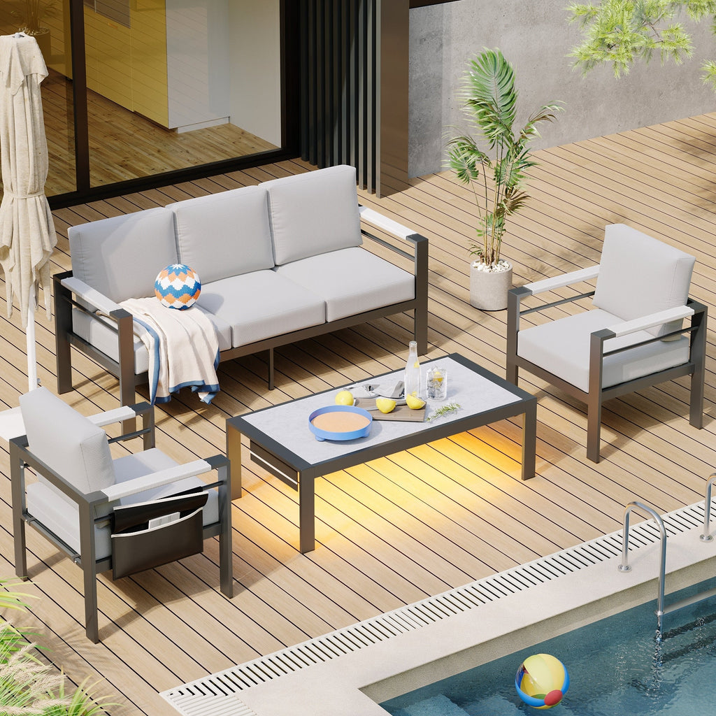 Ensemble de salon de jardin en aluminium 4 pièces, 5 places, avec coussins, table basse à LED et canapé