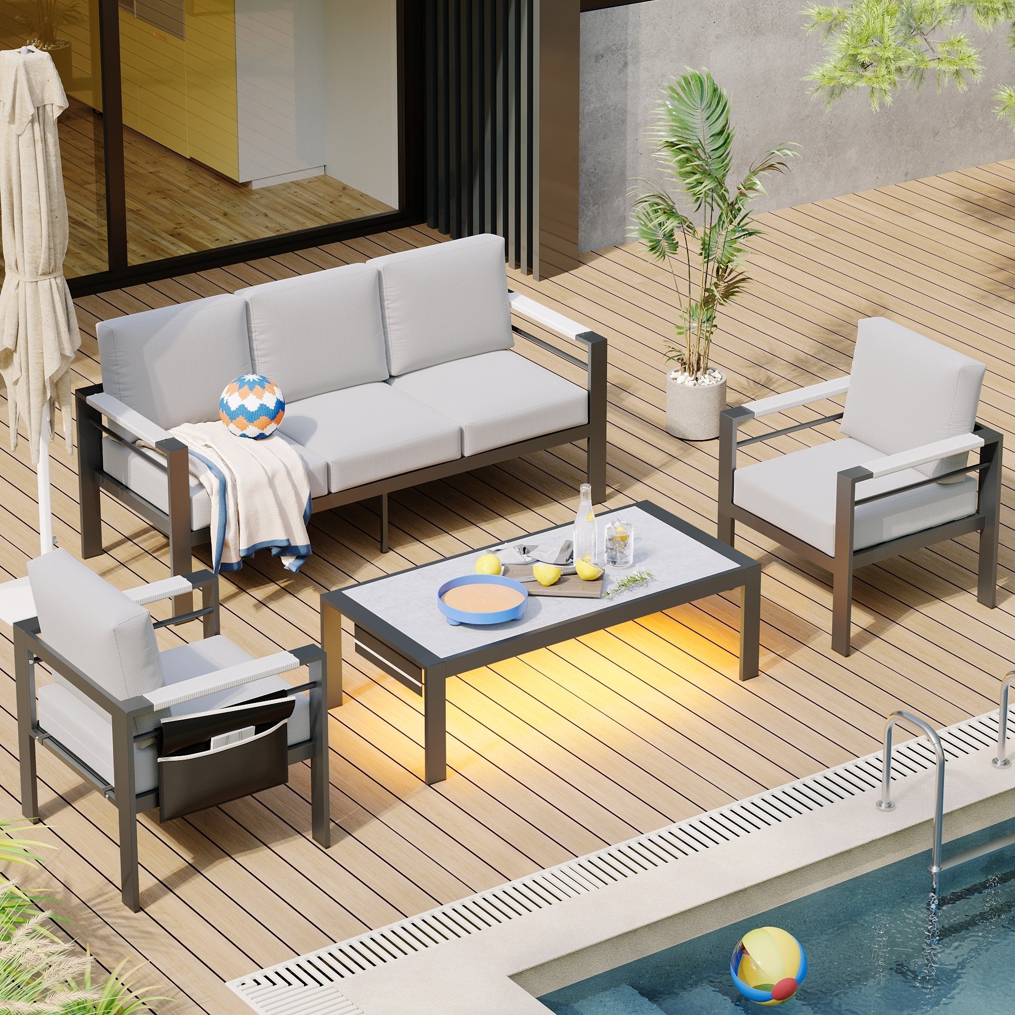 Ensemble de salon de jardin en aluminium 4 pièces, 5 places, avec coussins, table basse à LED et canapé