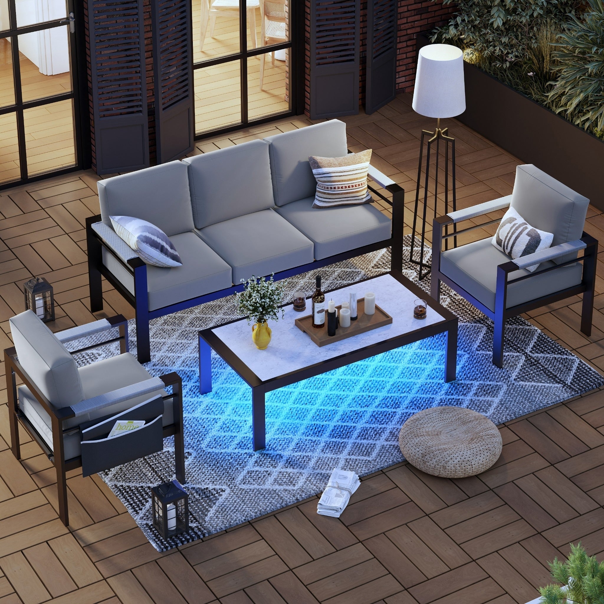 Ensemble de salon de jardin en aluminium 4 pièces, 5 places, avec coussins, table basse à LED et canapé