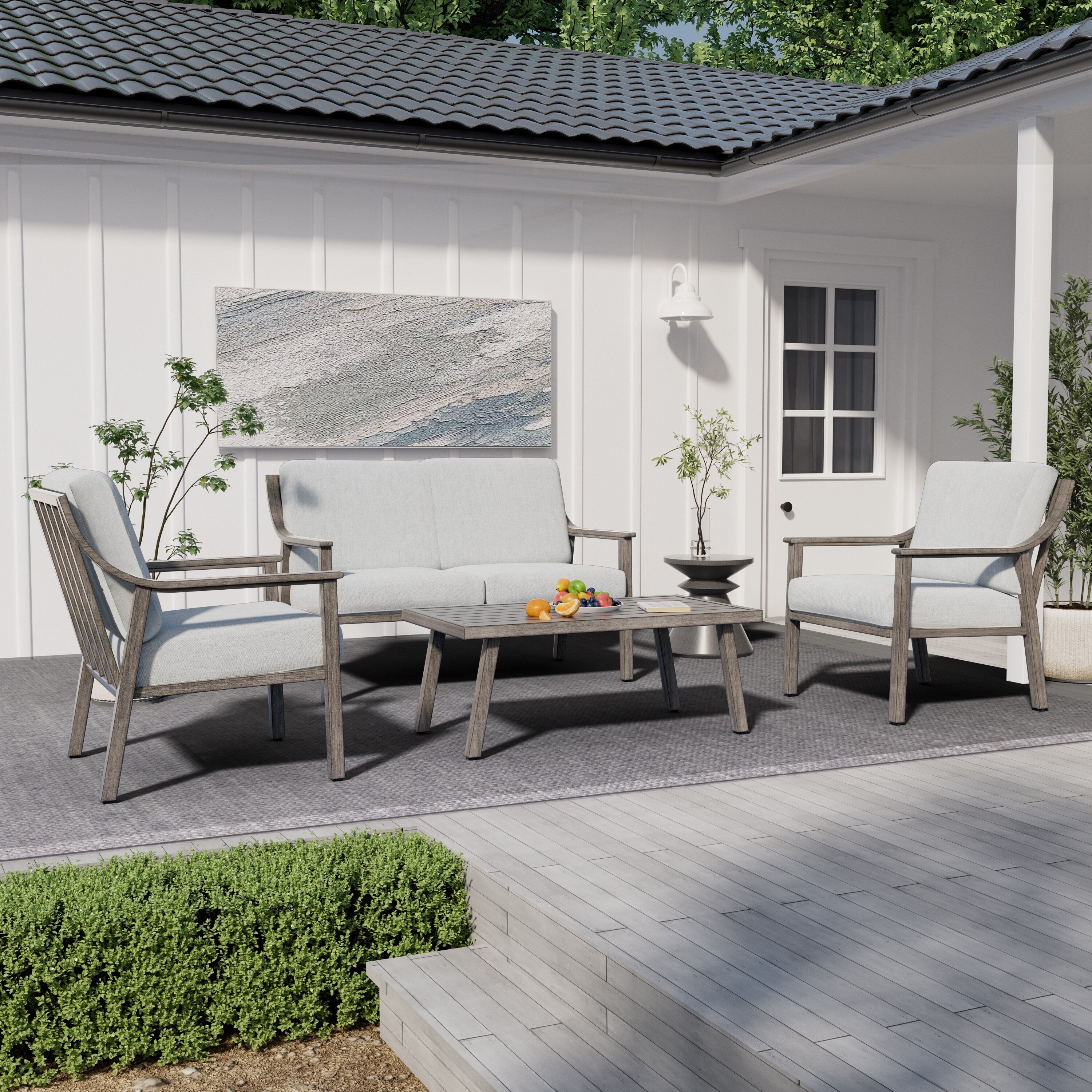 Ensemble de conversation de patio en aluminium 4 pièces avec table d'appoint et coussins