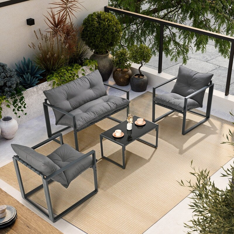 Ensemble de salon de jardin en métal 4 pièces avec coussins