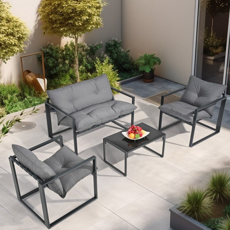 Ensemble de salon de jardin en métal 4 pièces avec coussins