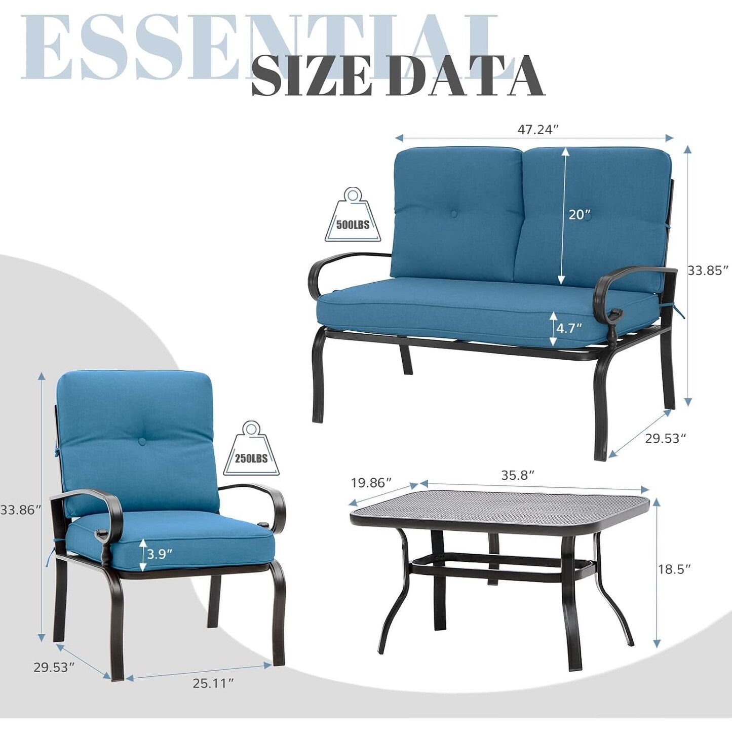 Ensemble de conversation en métal pour patio extérieur, 4 pièces