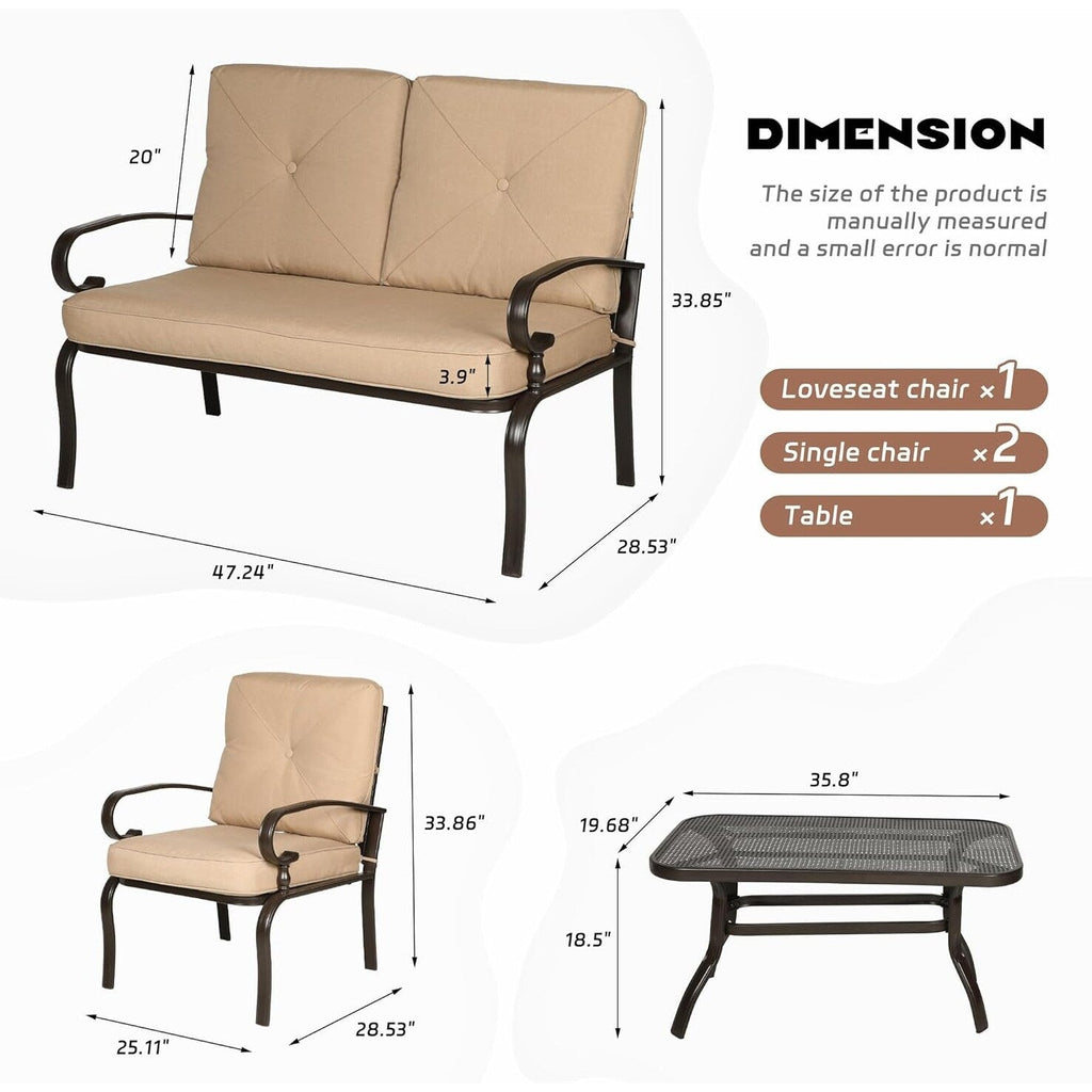 Ensemble de conversation en métal pour patio extérieur, 4 pièces