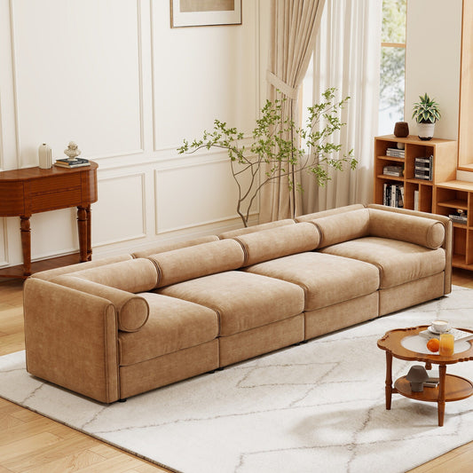 Canapé sectionnel modulaire 4 pièces - Chaise longue avec rangement et dossiers cylindriques, assise profonde