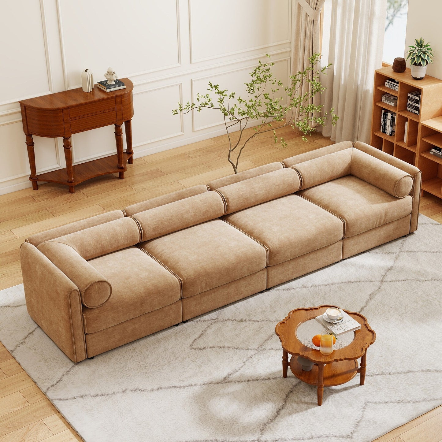 Canapé sectionnel modulaire 4 pièces - Chaise longue avec rangement et dossiers cylindriques, assise profonde