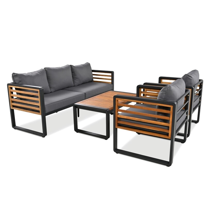 Ensemble de meubles de patio extérieur 4 pièces, ensemble bistro, ensemble de conversation de patio avec table basse et coussin amovible, ensemble de sièges d'extérieur