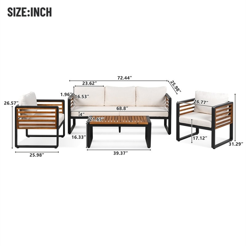 Ensemble de meubles de patio extérieur 4 pièces, ensemble bistro, ensemble de conversation de patio avec table basse et coussin amovible, ensemble de sièges d'extérieur