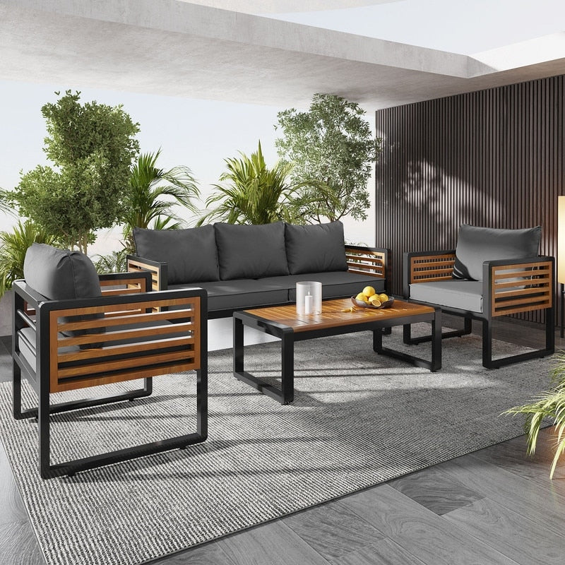 Ensemble de meubles de patio extérieur 4 pièces, ensemble bistro, ensemble de conversation de patio avec table basse et coussin amovible, ensemble de sièges d'extérieur
